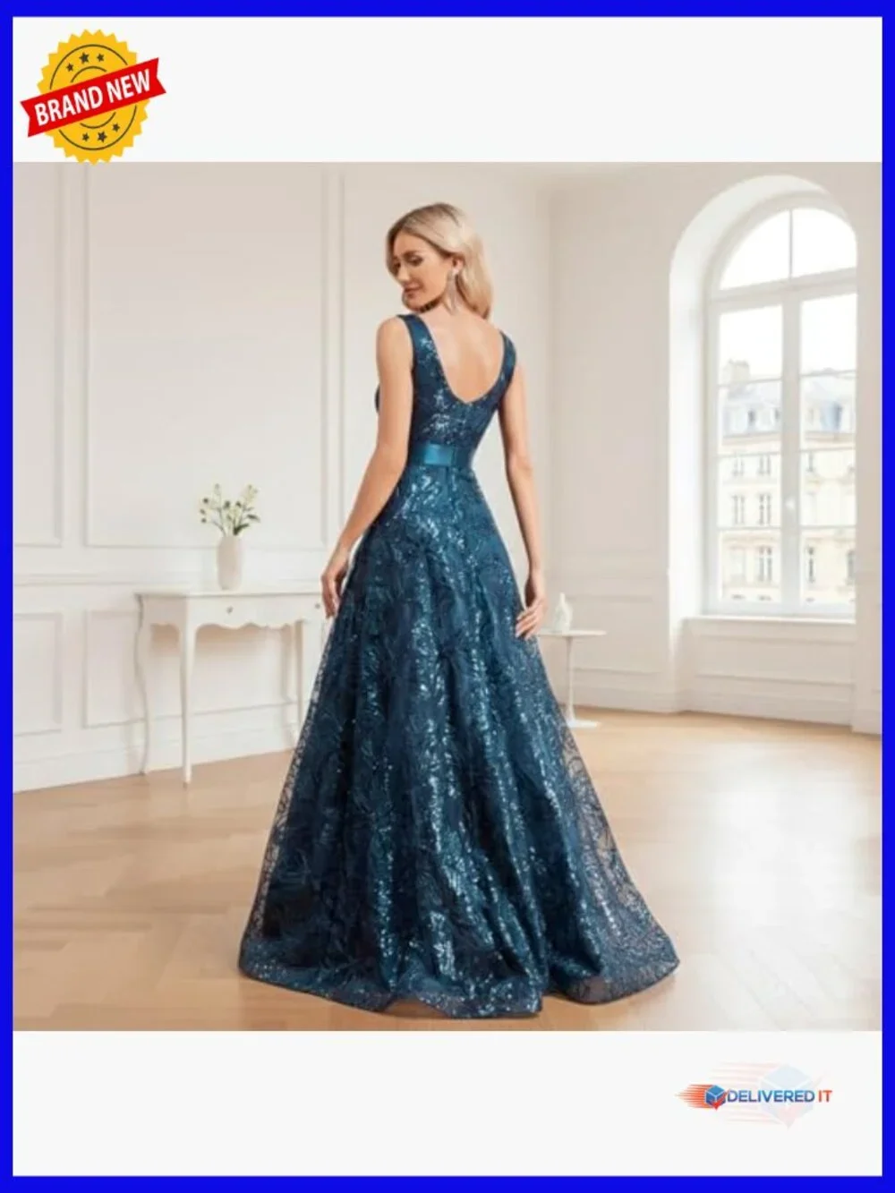 Sequin Embroidered V-Neck Maxi Formal Dress with Backless A-Line Silhouette - Picture 4 of 7